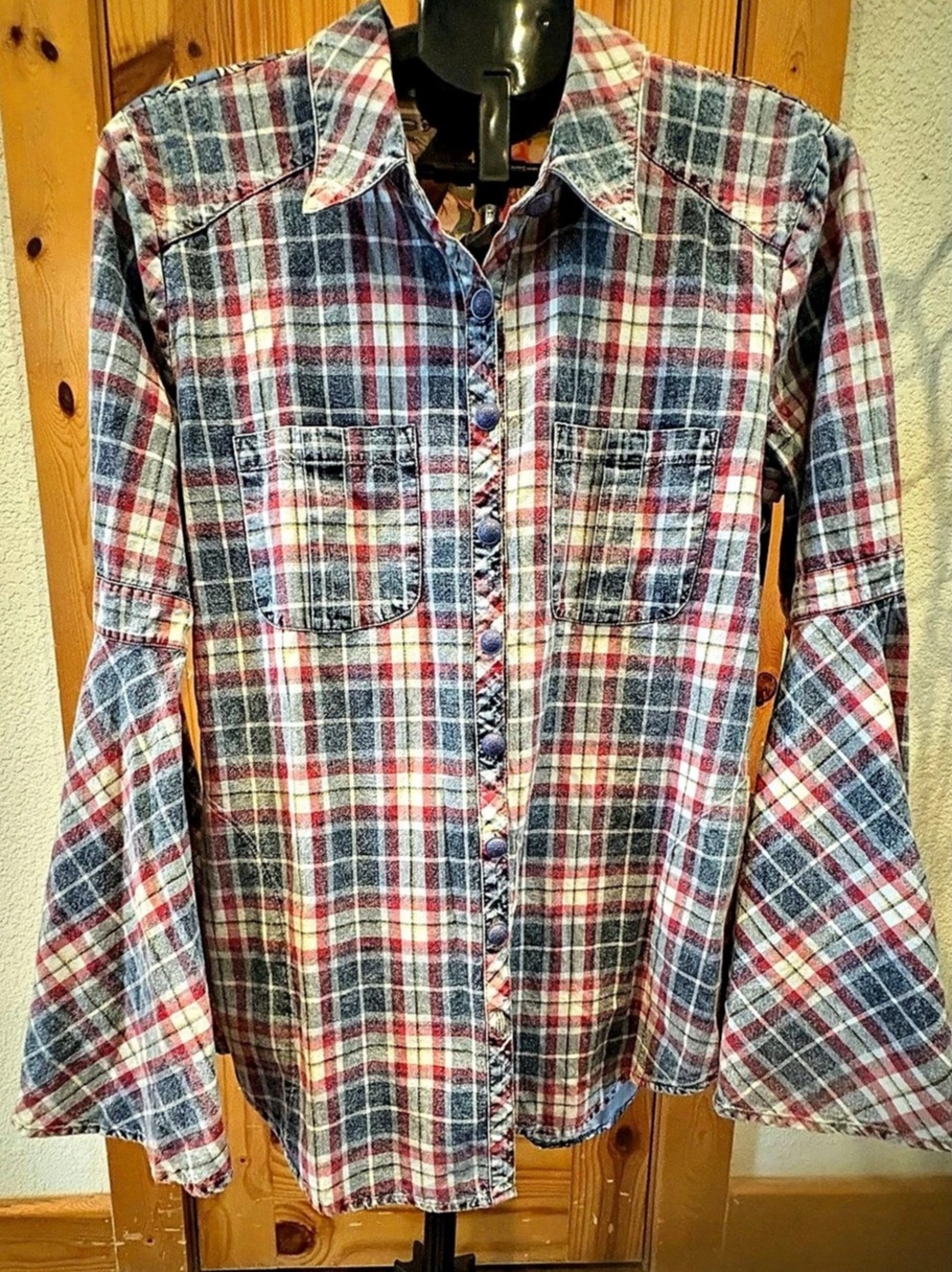 Aratta Silent Journey Plaid Floral Button Down Shirt Boho Mixed Print Medium
